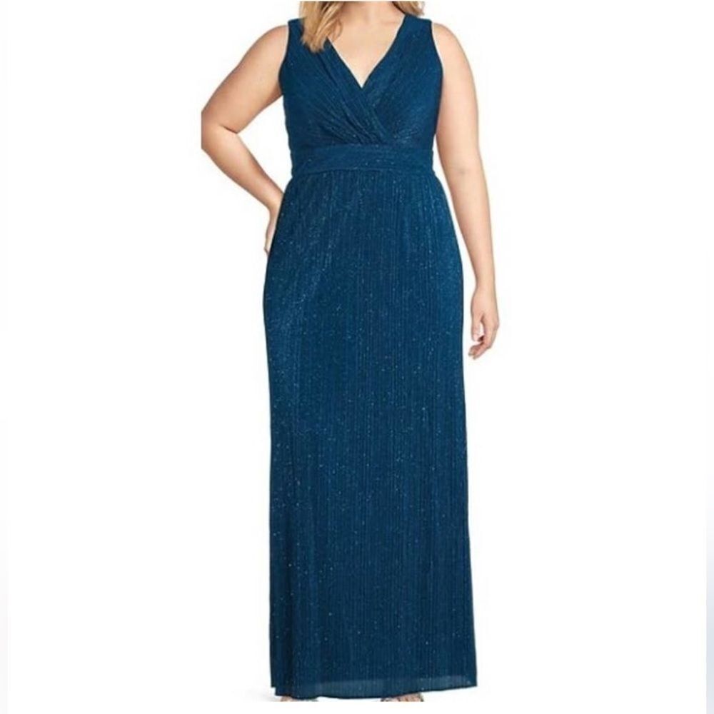 R&M Richards SZ 6Teal Peacock Glitter Pleated V-Neck Sleeveless Dress size 8